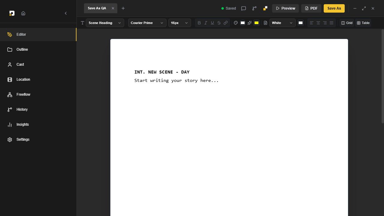 Draftill editor with screenplay element formatting, typography controls, PDF export, and outline navigation